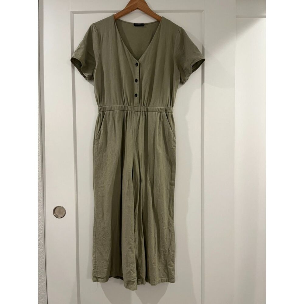 Cotton On Womens Sage Green Button Up Wide Leg Jumpsuit w. Pockets Medium